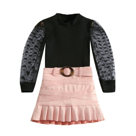 

Musuos Baby Girl See-Through Long Mesh Sleeve Shirt Tops Ruffled A-line Skirt with Belt