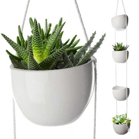 4 Piece Modern Ceramic Hanging Planters for Indoor Plants, Outdoor Planter, Succulent Plants Pots, Decorative Display Bowls, Flowerpot Containers for Moss, Cacti, Flowers, White, By California (Best Plants For Hanging Planters)