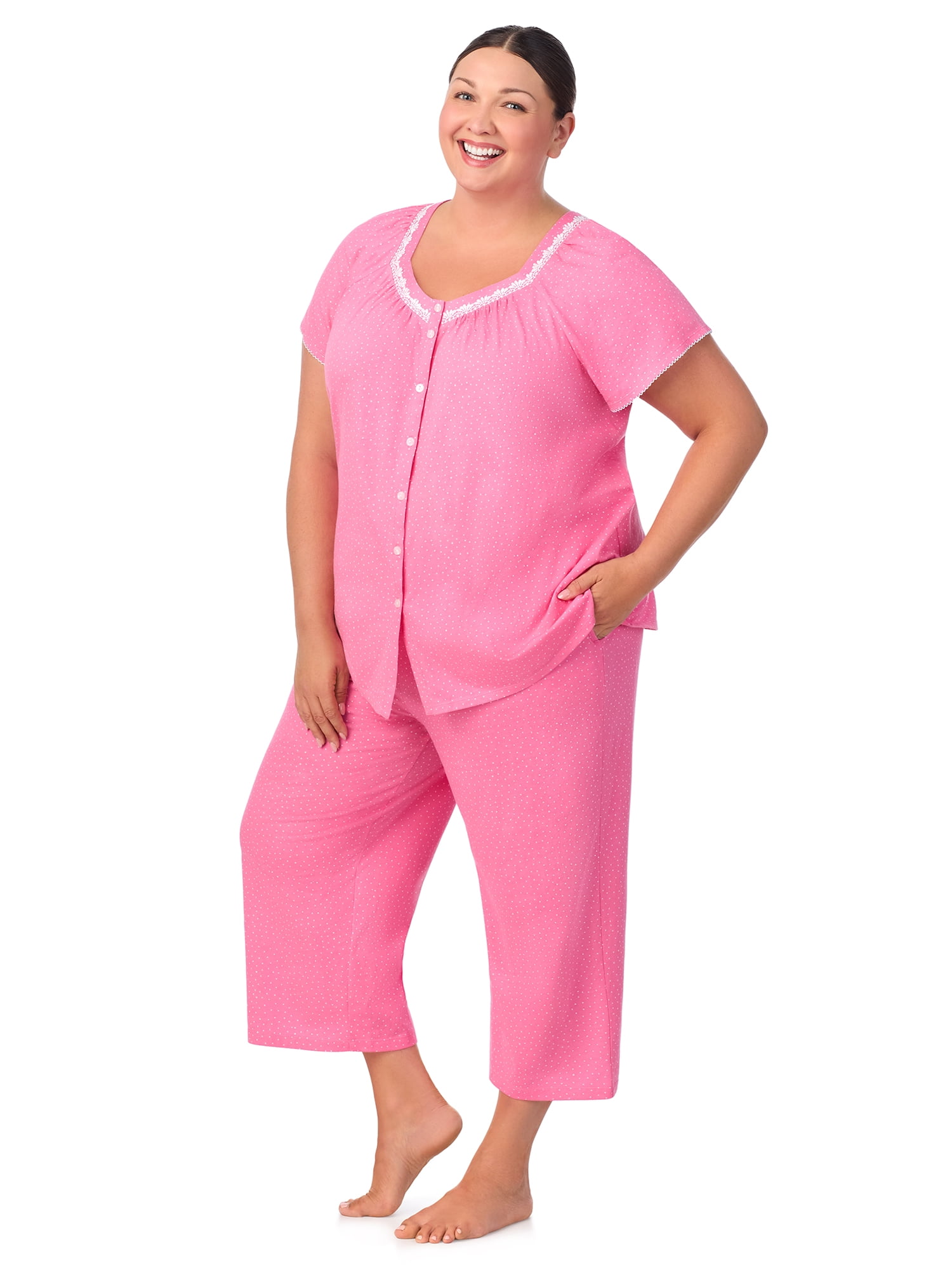 Aria Short Sleeve 100% Cotton Cropped Pajama Set with Pockets, Women’s Sizes S-3X