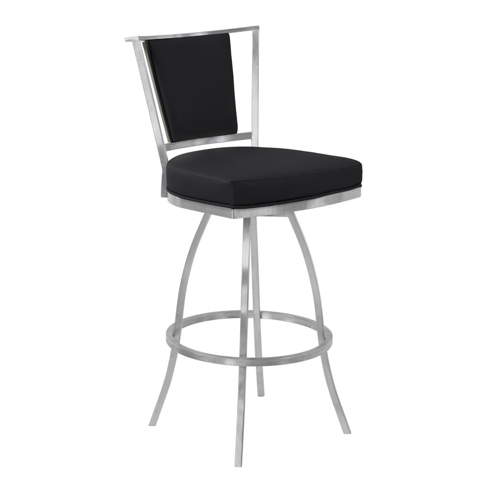 Armen Living Delhi Metal Swivel Barstool in Black Faux Leather with