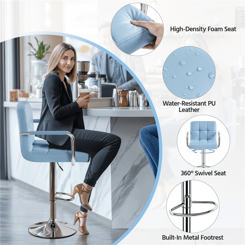 Alden Design PU Leather Bar Stools with Large Steel Pedestal Base, Set of 2, Blue