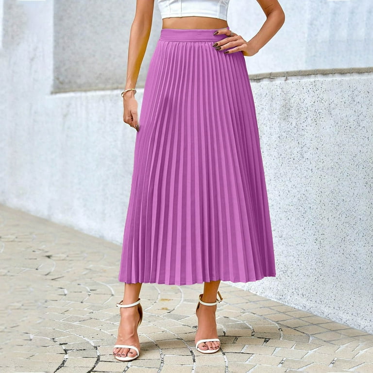Elegant Pleated Skirt for Women Satin Midi Skirts Elastic High