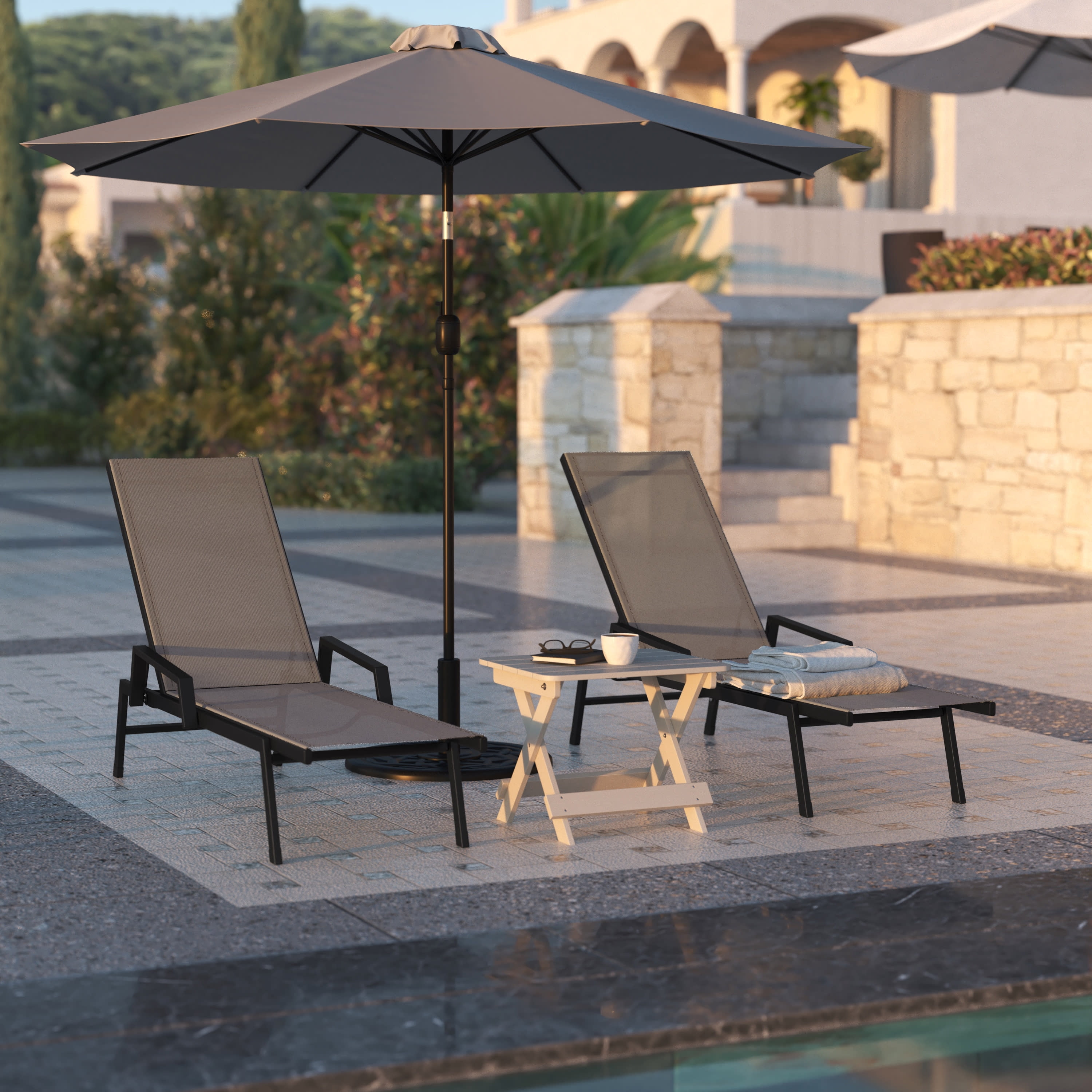 Flash Furniture Brazos Adjustable Chaise Lounge Chair with Arms, All-Weather Outdoor Five-Position Recliner, Black/Brown