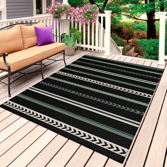 Black Green White Outdoor Rug for Patio/Deck/Porch, Non-Slip Large Area Rug 3 x 5 Ft, Boho Vintage Abstract Striped Lines Indoor Outdoor Rugs Washable Area Rugs, Reversible Camping Rug Carpet Runner