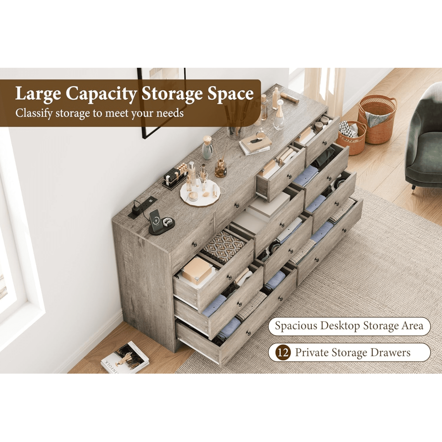 12 Drawer Dresser for Bedroom, 61 Inch Dresser with Power Outlet, Modern Chest of Drawer, Wood Triple Wide Drawer Organizer Cabinet for Bedroom, Living Room, Entryway, Hallway