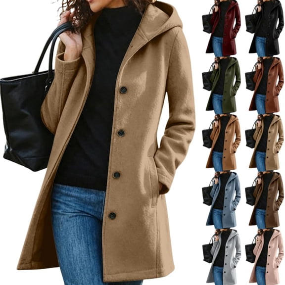 Sorvello Women's Hooded Single Breasted Long Wool Coat Casual Warm Winter Outerwear for Women Fall Jacket with Pockets Button Front Army Green L