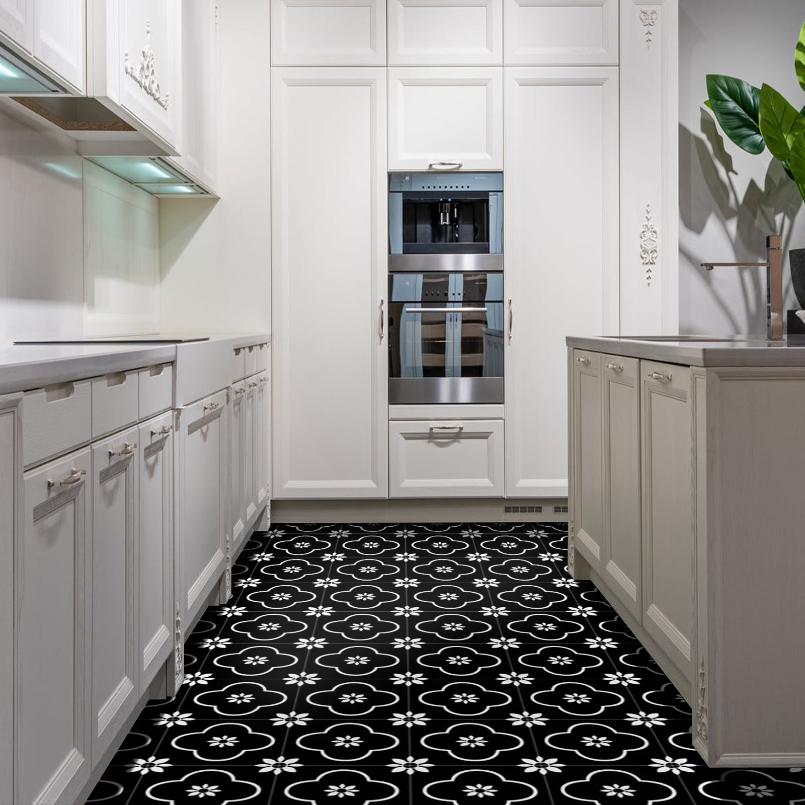 (4 pack) Abyssaly 10Pcs Black and White Vinyl Flooring Peel and Stick 12" x 12" Self Adhesive Floor Tile Removable Stickers Tile for Kitchen Bedroom Backsplash Solid