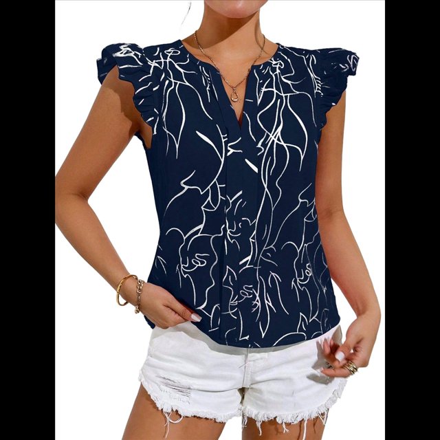 Blusas de Verano para Mujer, Elegantes, Informales, de Corta y con Estampados. Azul Oscuro S