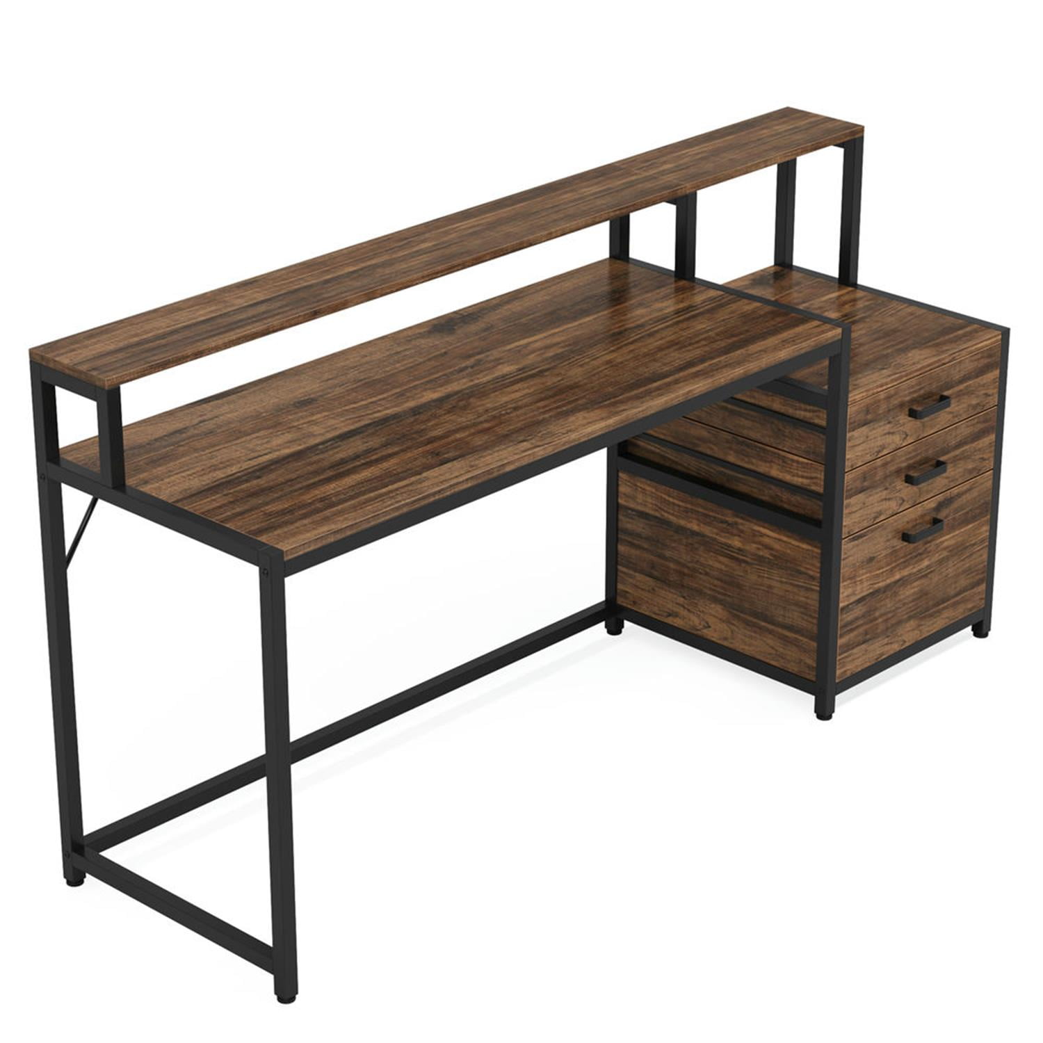 Demi Bonn Modern L Shaped Gaming Desk, 63" Ergonomic Office Corner Executive Desk with Drawers and Monitor Stand for Home Office, Brown