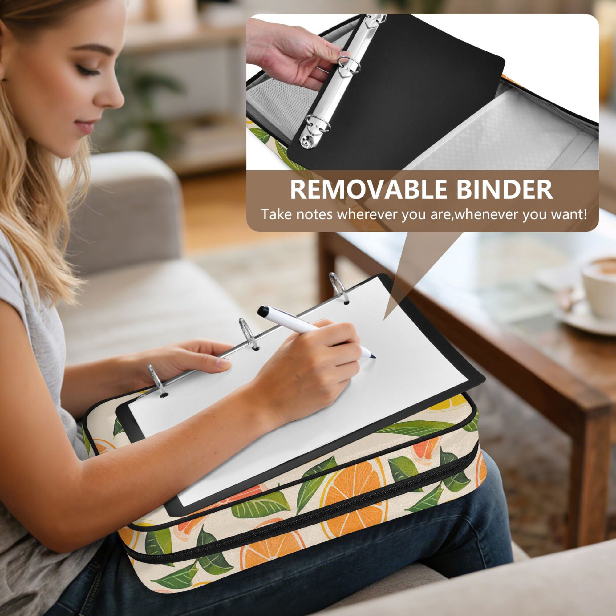 FORMRS Accordion File Folder A4 Size 7-Pocket Expanding Document Organizer Bag with 3 Ring Binder, Beige Citrus Leaves