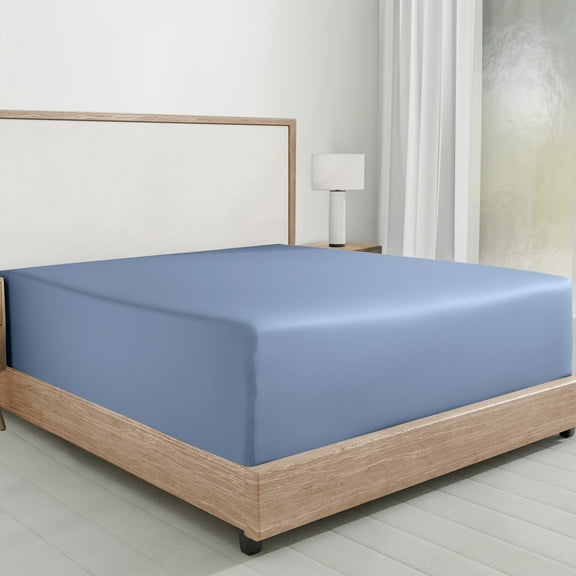 100% Cotton Twin Fitted Sheet Only, Sateen, Deep Pocket, All-Around Elastic, Head/Foot Side Indicators, Blue Hydrangea