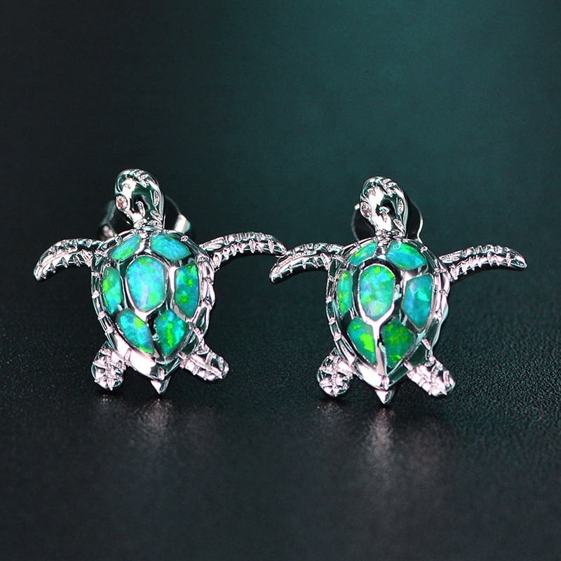 Fashion Women Cute Sea Turtle Blue Opal Stud Earrings