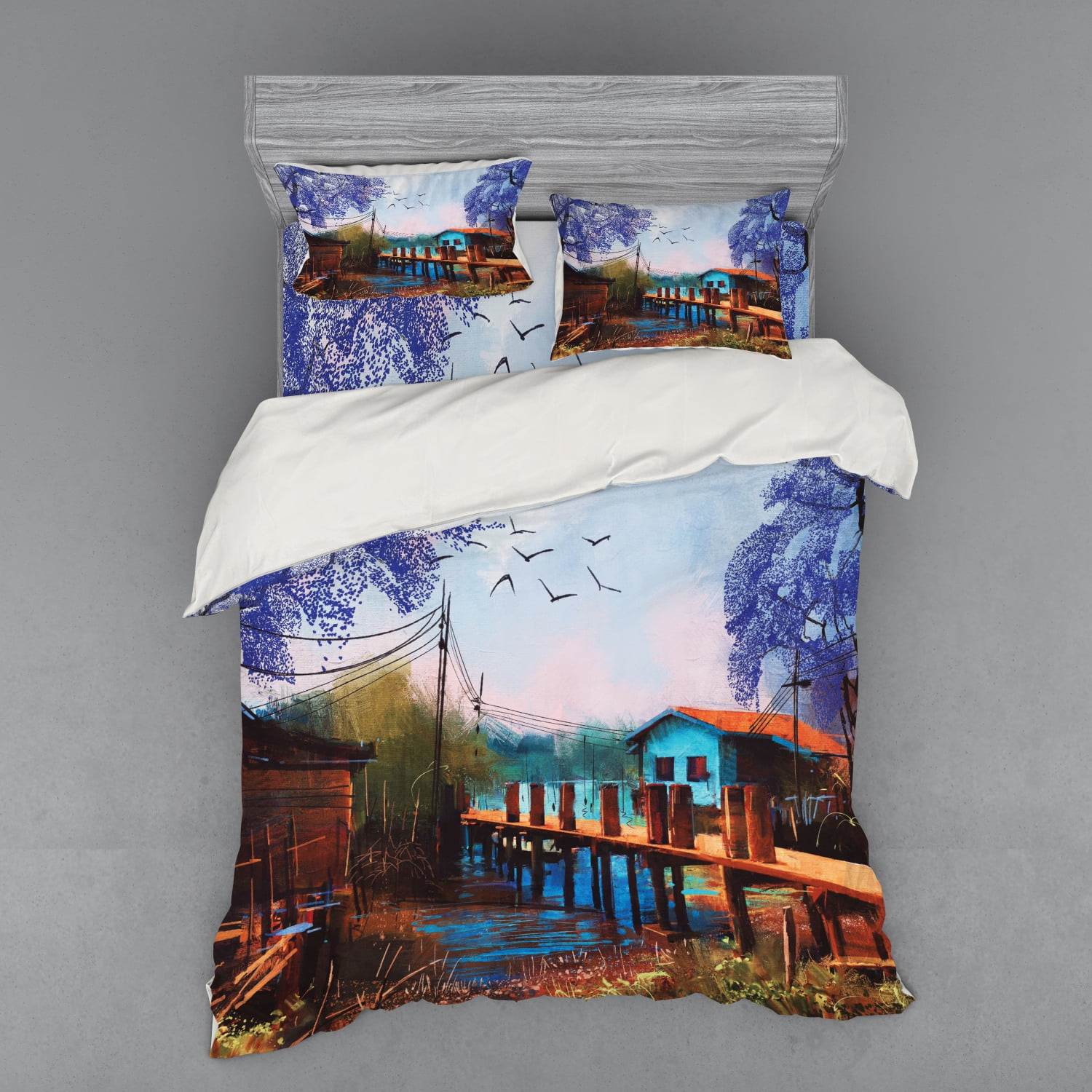 Lake House Duvet Cover Set, Vintage Hand Drawn Artisan Picture of