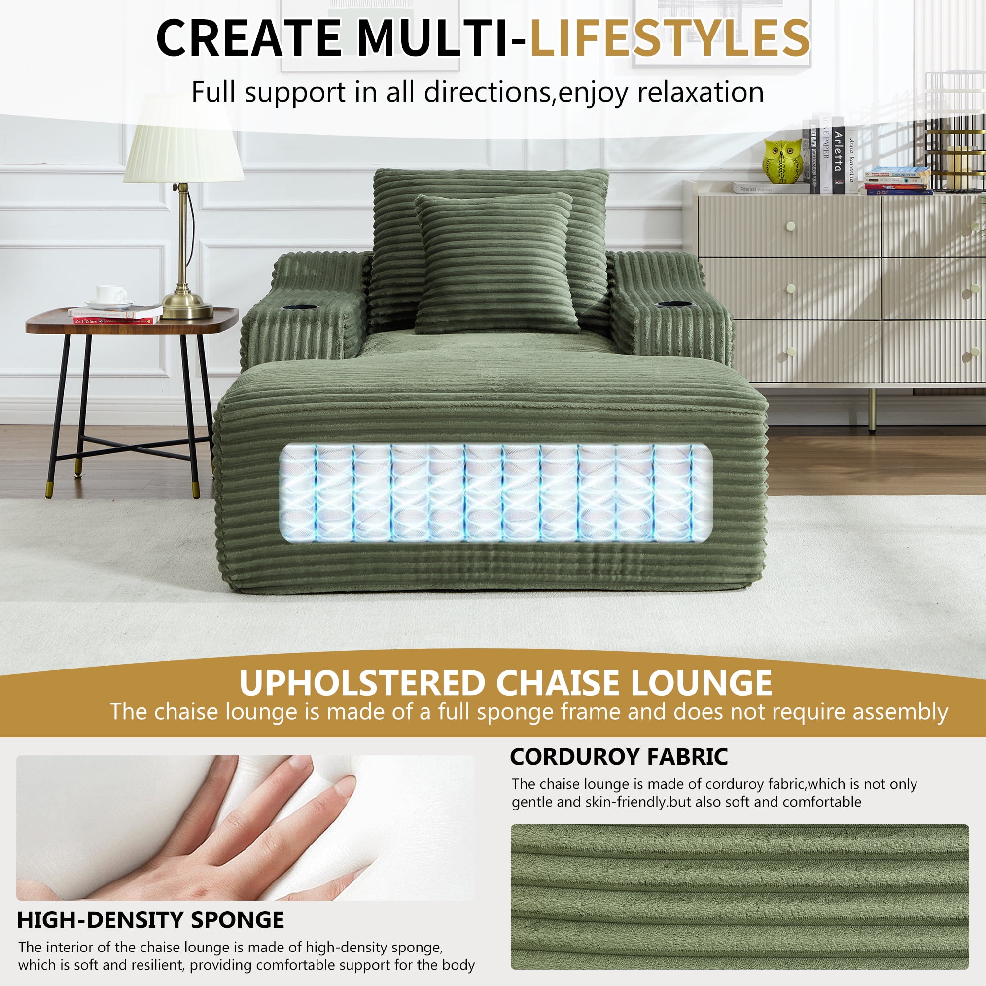 Leumius 67" Oversized Chaise Lounge Chair Indoor,Soft Boneless Cloud Couch with 2 Pillowsand 2 Cup Holders, Comfy Corduroy Sleeper Couch for Living Room Bedroom,No Assembly Required,Green