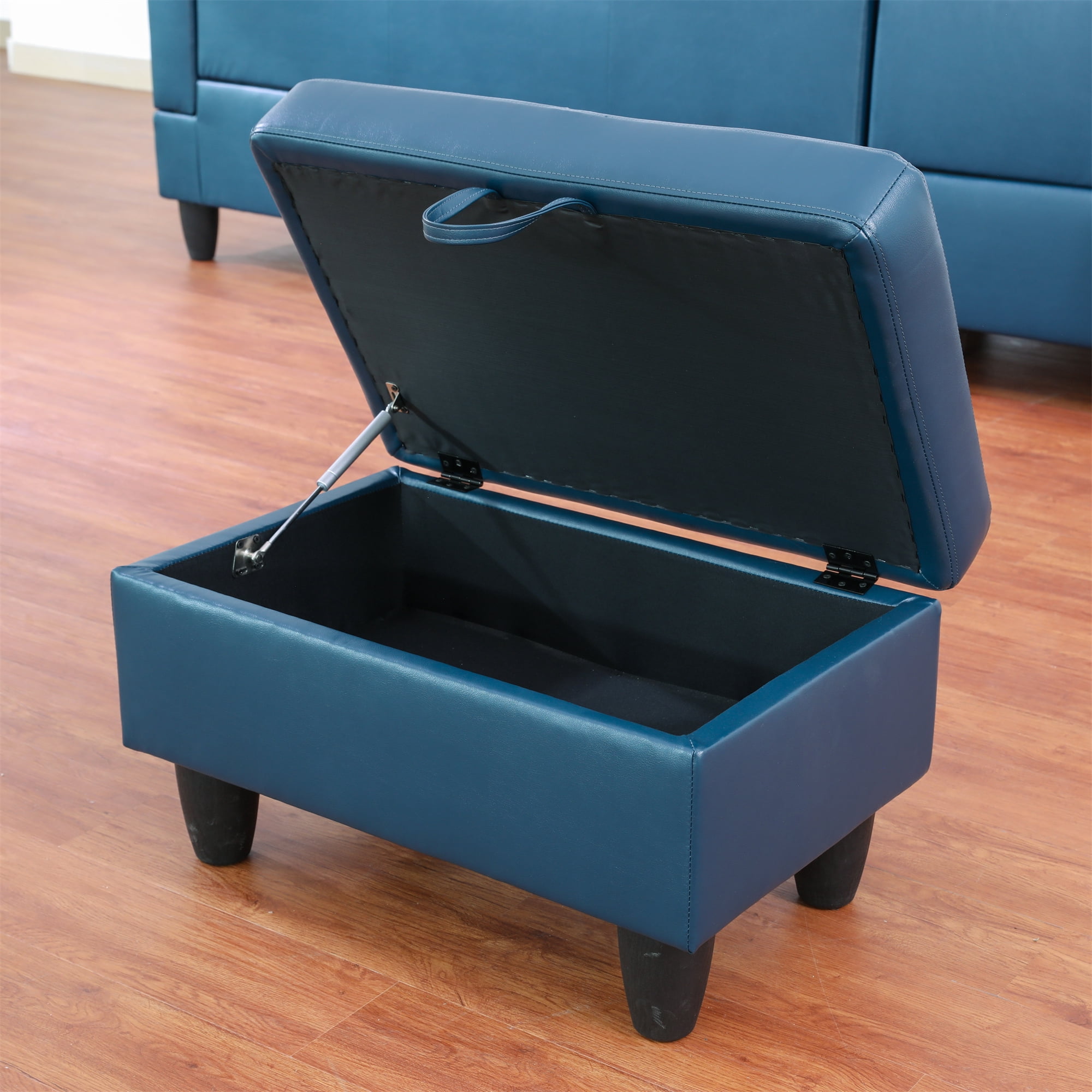 Aukfa 29" Storage Ottoman Bench for Sectional Sofa for Home Office, Lift Top , Leather, Blue
