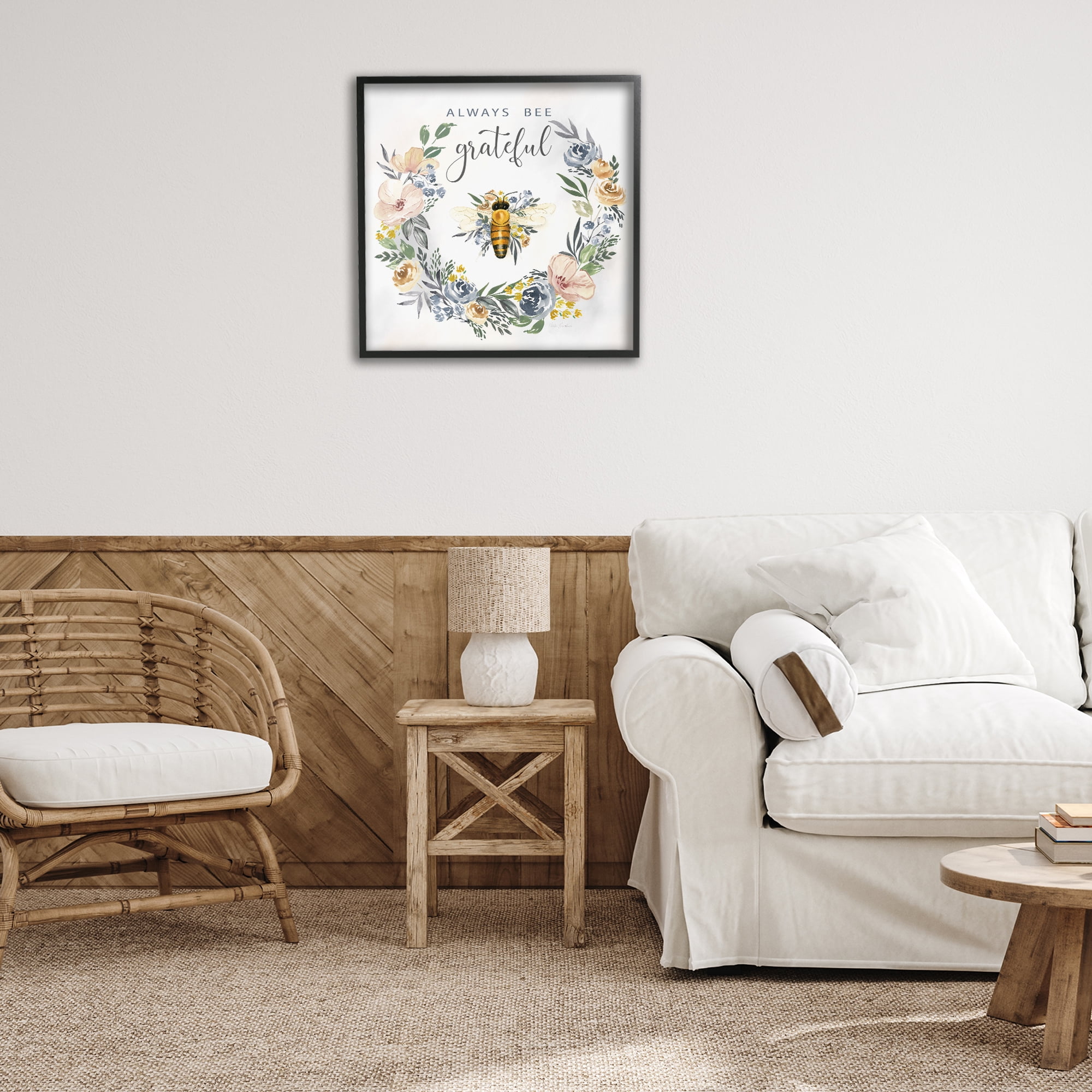 Stupell Industries Country Bee Grateful Botanical & Floral Painting Black Framed Art Print Wall Art, 24 x 24