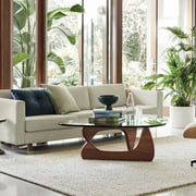 Raffle Pinker Triangle Glass Coffee Table 0.8 Thick Tempered Glass Coffee Table with Solid Dark Walnut Base for Living Room