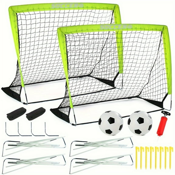 2 Packs 4' X 3' Size Portable Soccer Goals for Backyard, Indoor And Outdoor Soccer Net, 2 Nets, 2 Soccer Balls, 1 Pump, 1 Carrying Bag, 450D Oxford Fabric Pop Up Design Backyard Fun Easy to Take Away