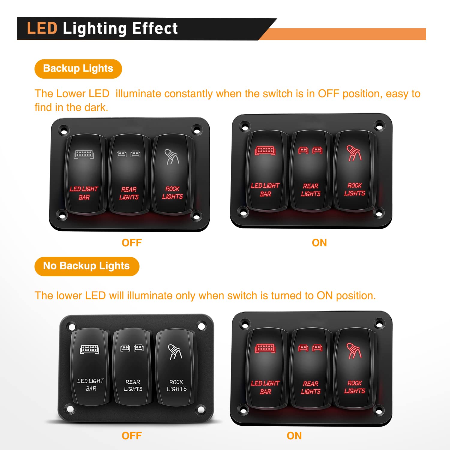 Waywe 3 Gang Rocker Switch Panel Aluminum 5 Pin ON Off Toggle Switch Panel LED Light Bar Switch SPST 12V 24V Red Switches for Marine Boats Cars ATVs UTVs