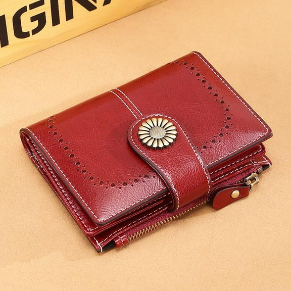 IELGY Wallet Women's Short Oil Wax Leather Zero Wallet Zipper Card Bag