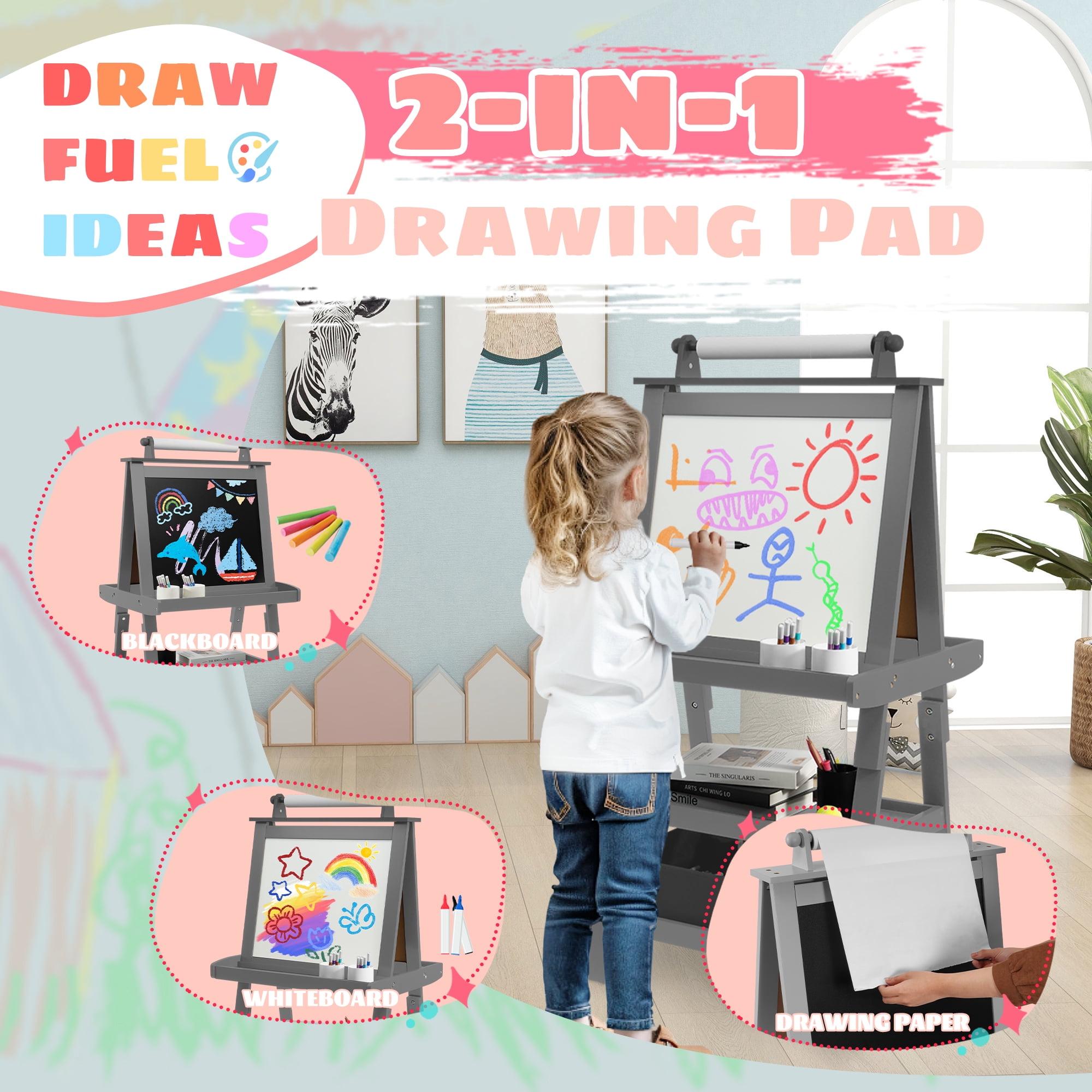 Signature Fitness 3-in-1 Kids Art Easel，Double-Sided Wooden Easel，with Chalkboard, Whiteboard, Paper Roll, 2-Tier Rack & 2 Storage Boxes