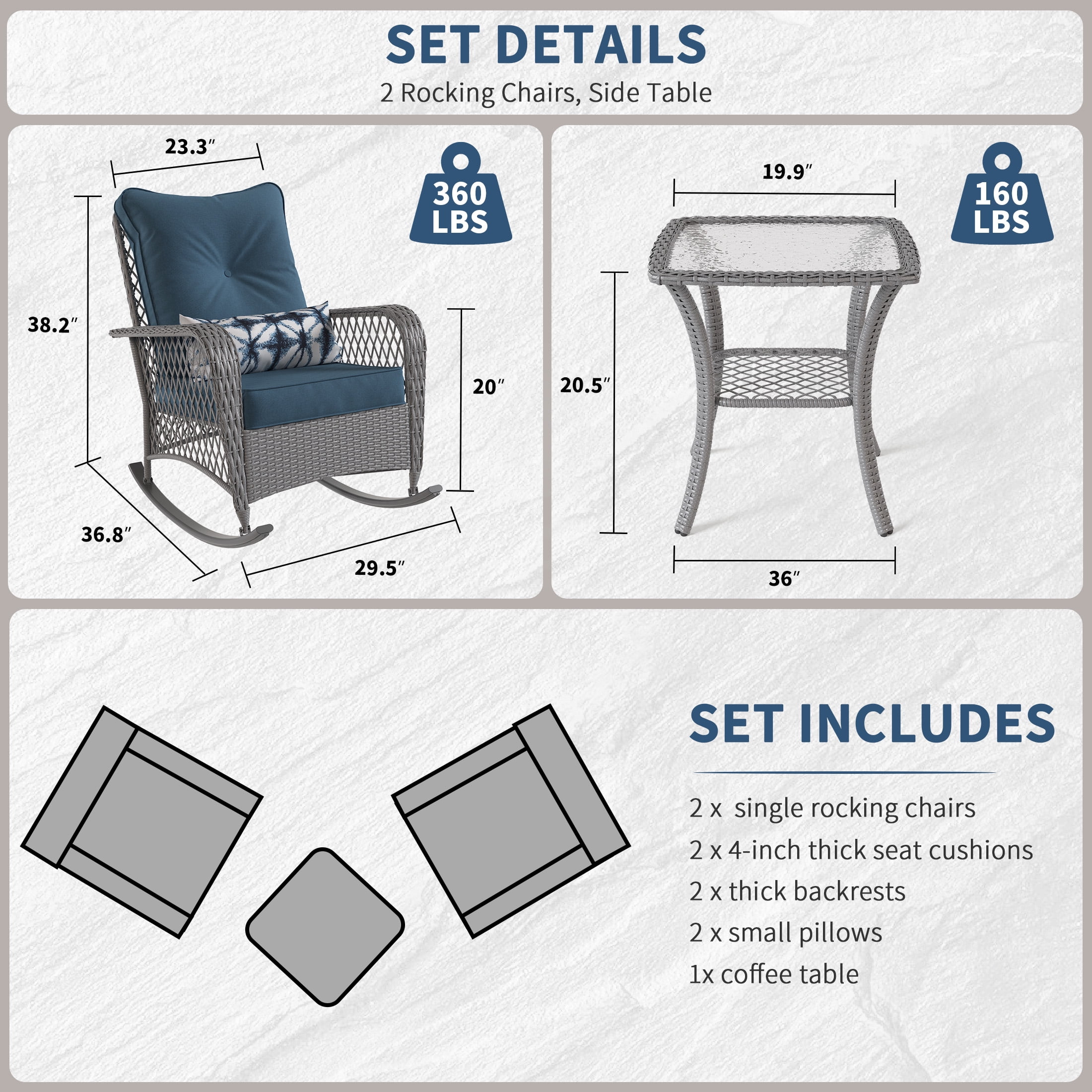 UDPATIO 3 Piece Patio Set Rocking, Rattan Outdoor Rocking Patio Bistro Set with 2 Rockers and 1 Side Table with 4‘’ Thick Cushions for Backyard, Porch, Balcony, Poolside(Blue)