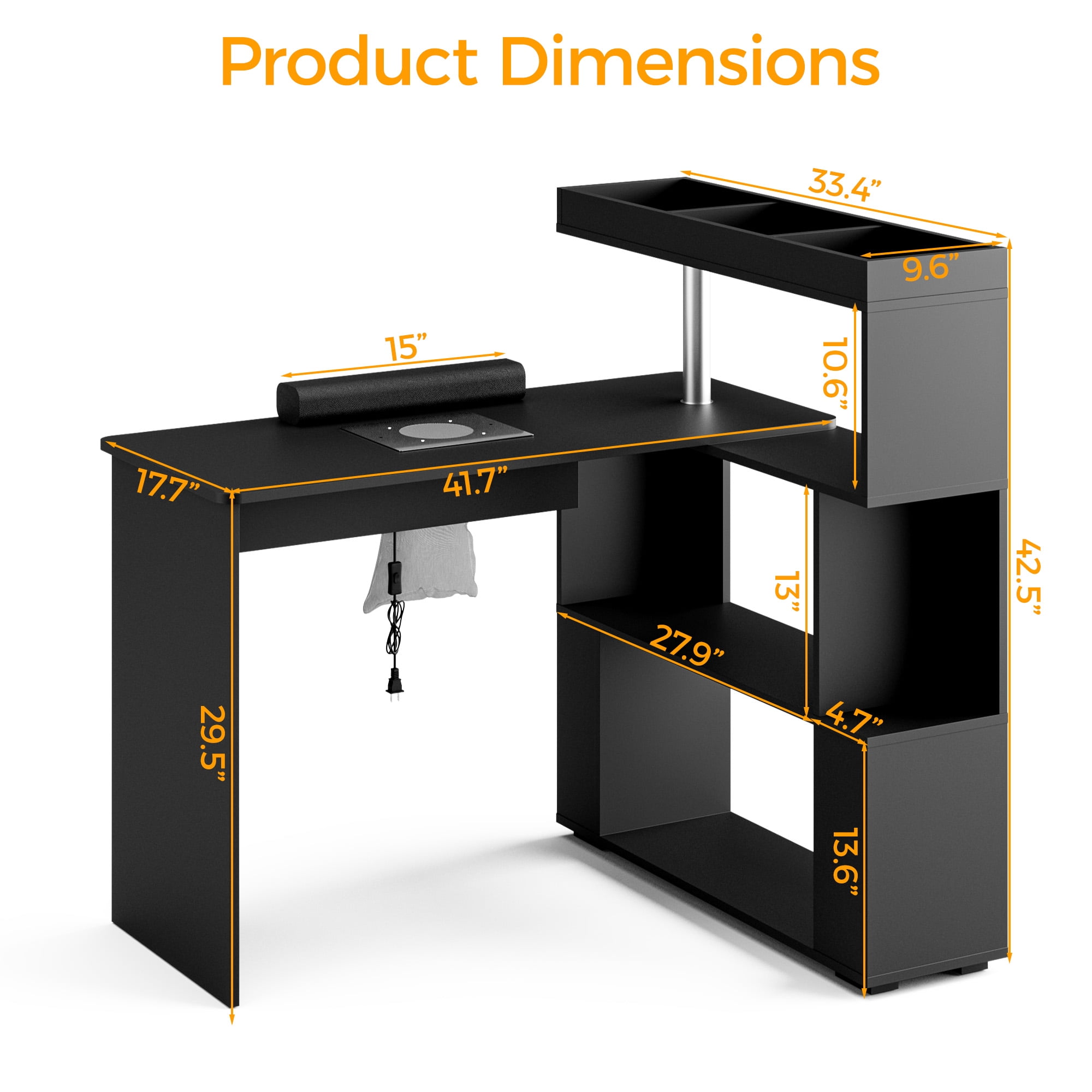 Advwin Manicure Table Nail Desk with Dust Collector, L-Shaped Nail Tech Desk with Storage Shelf, Rotating Reversible Beauty Nail Salon Station for Salon & Home Use, Black