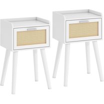 Nightstand Set of 2, Small White Bedside Table, End Table with Rattan Door, Boho Side Table with Solid Wood Legs for Bedroom Living Room Small Space