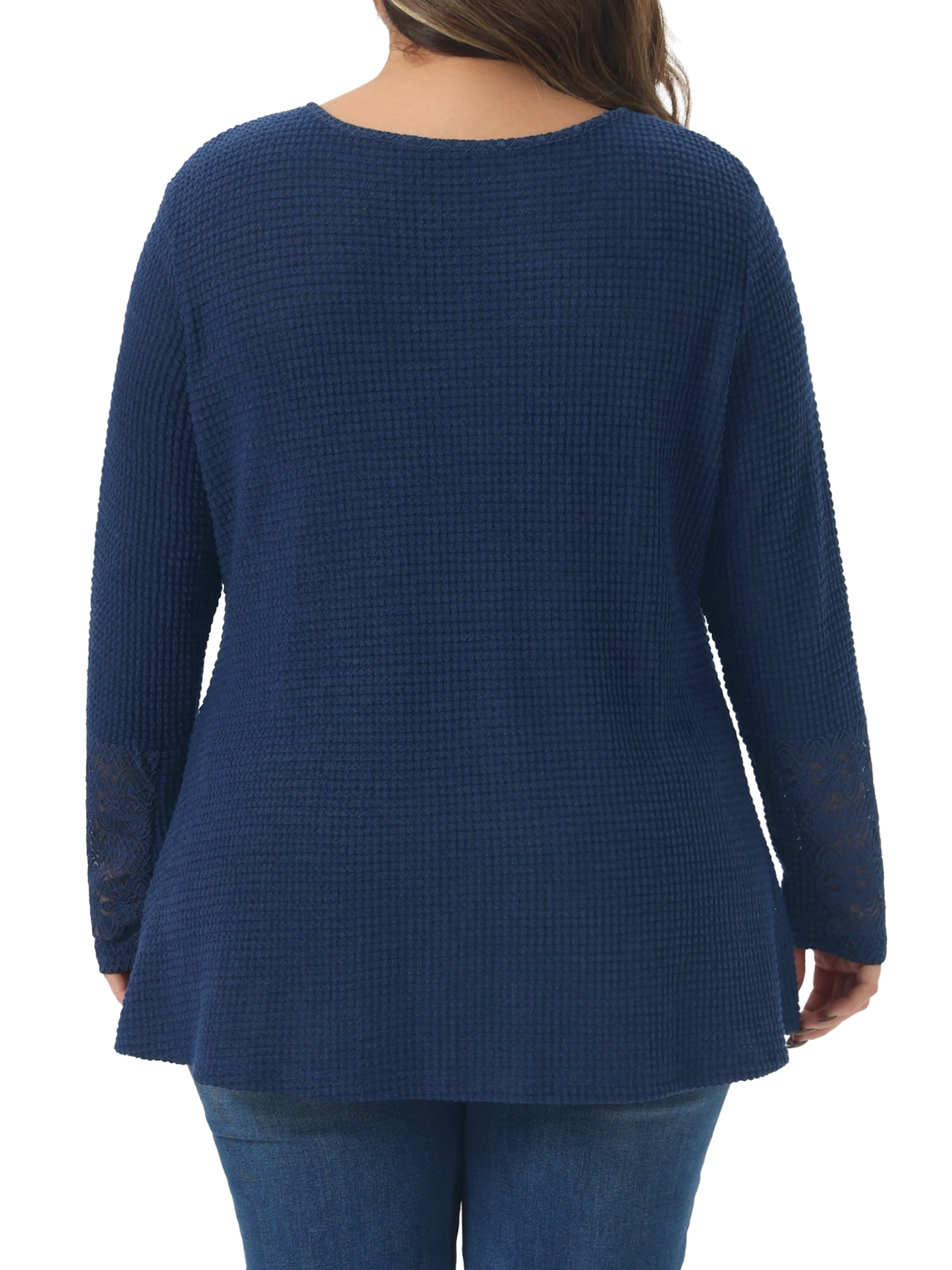 DARING DIVA Women's Plus Waffle Knit Tops V Neck Lace Patchwork Blouse 3X Navy Blue