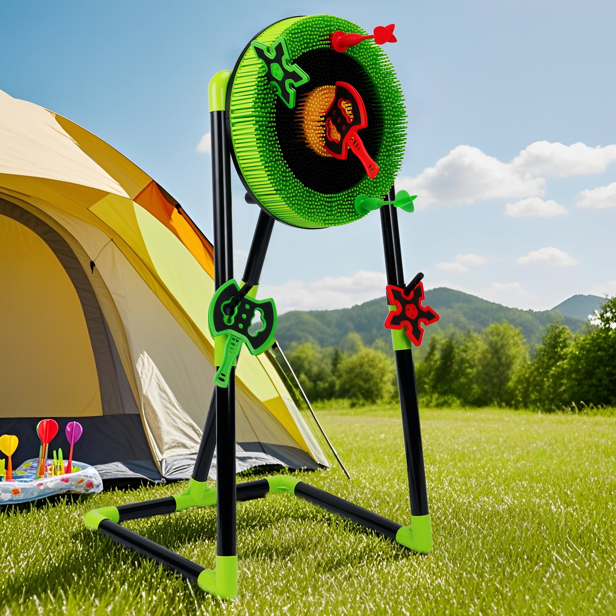 3 in 1 Throwing Game Toy Set - Dart & Axe Throwing Game with Bristle Target Dartboard - Lightweight Stand - Indoor & Outdoor Game for Kids Boy Girl