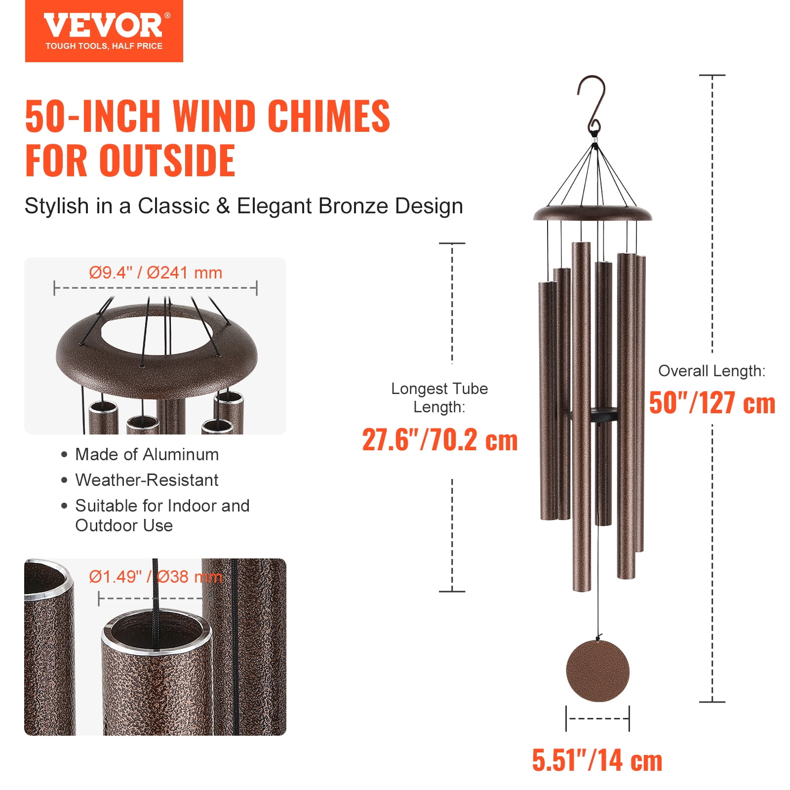 VEVOR Wind Chimes for Outside,50", Deep Tone Wind Chimes with 6 Tubes, Unique Large Memorial Wind Chimes for Anniversary, Amazing Outdoor Decor for Your Patio,Porch, Garden and Backyard,Copper Vein