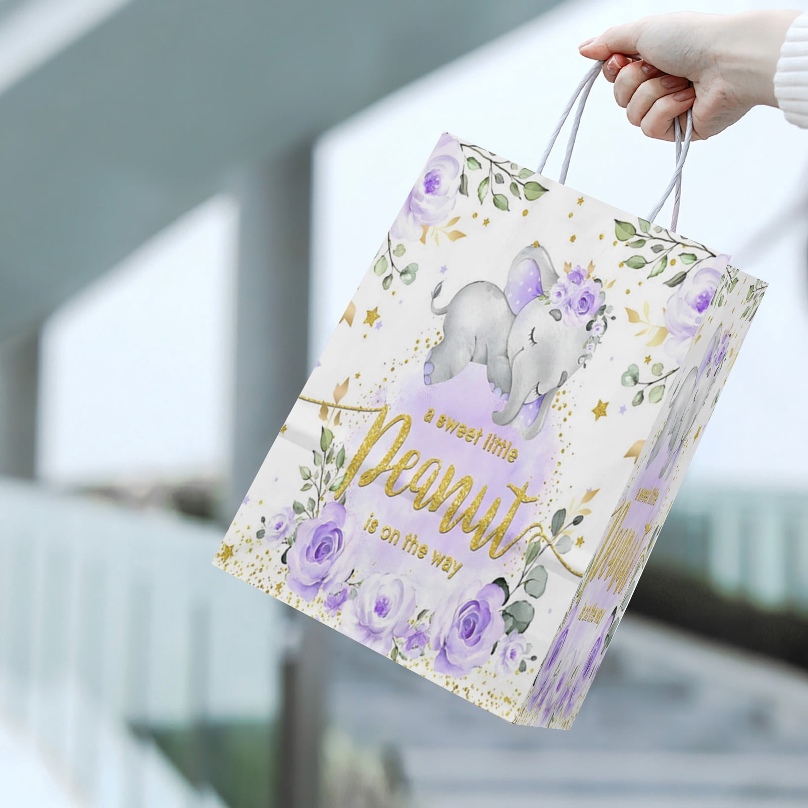 20Pcs Purple Elephant Baby Shower Party Favor Bags for Boys Girls Neutral A Little Peanut is On The Way Floral Cake Table Decoration Welcome Newborn Party