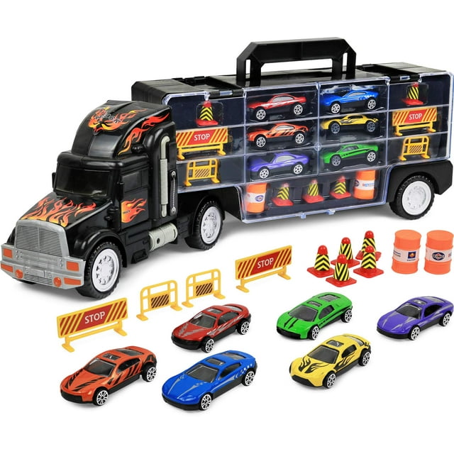Click N' Play Camión transportador de juguete para niños y niñas Camión transportador de 15 piezas con autos Señales de tránsito y más Incluye 28 ranuras para autos - Gran regalo para niños pequeños y