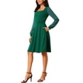 thumbnail image 4 of Vestido casual de longitud a la rodilla con cuello cuadrado y mangas largas de puntos suizos para mujer INSPIRE CHIC con bolsillos M Verde oscuro, 4 of 5