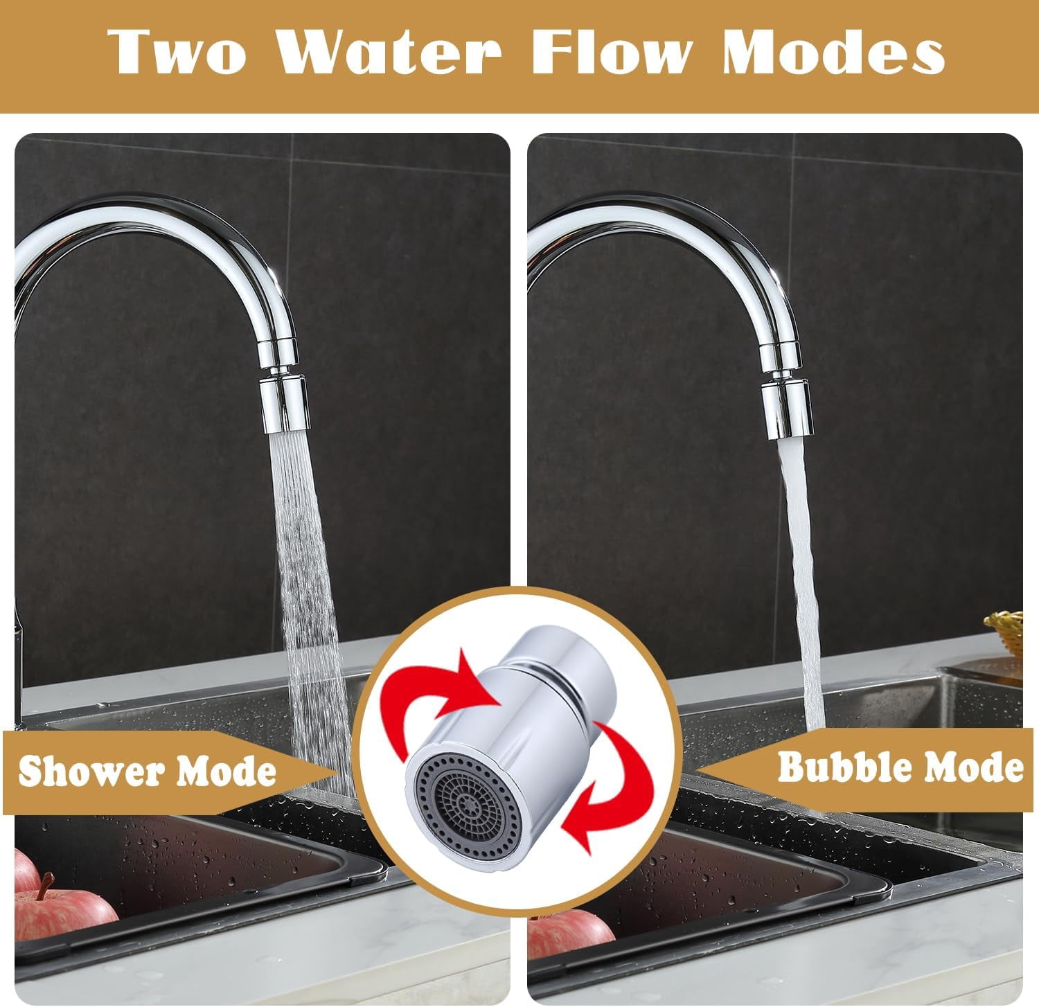 Swivel faucet aerator（Heavy ）, Dual-function 2-Flow Sprayer Faucet Head, 360° large Angle kitchen sink aerator,kitchen 55/64 inch female thread extender, Sink Aerator Chrome