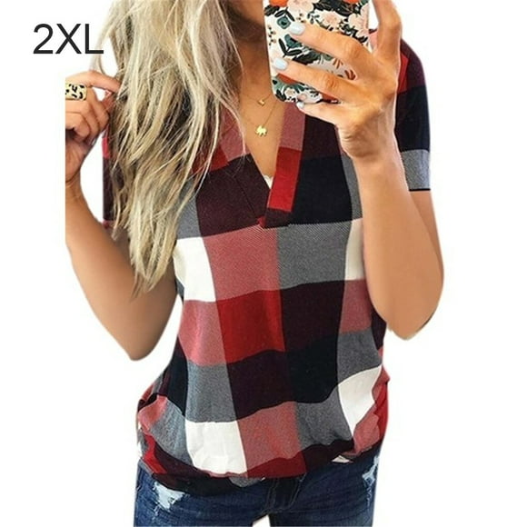 Women T Shirt V Neck Short Sleeve Neck T Shirt Top Plaid Print Casual Blouse, Red, XXL