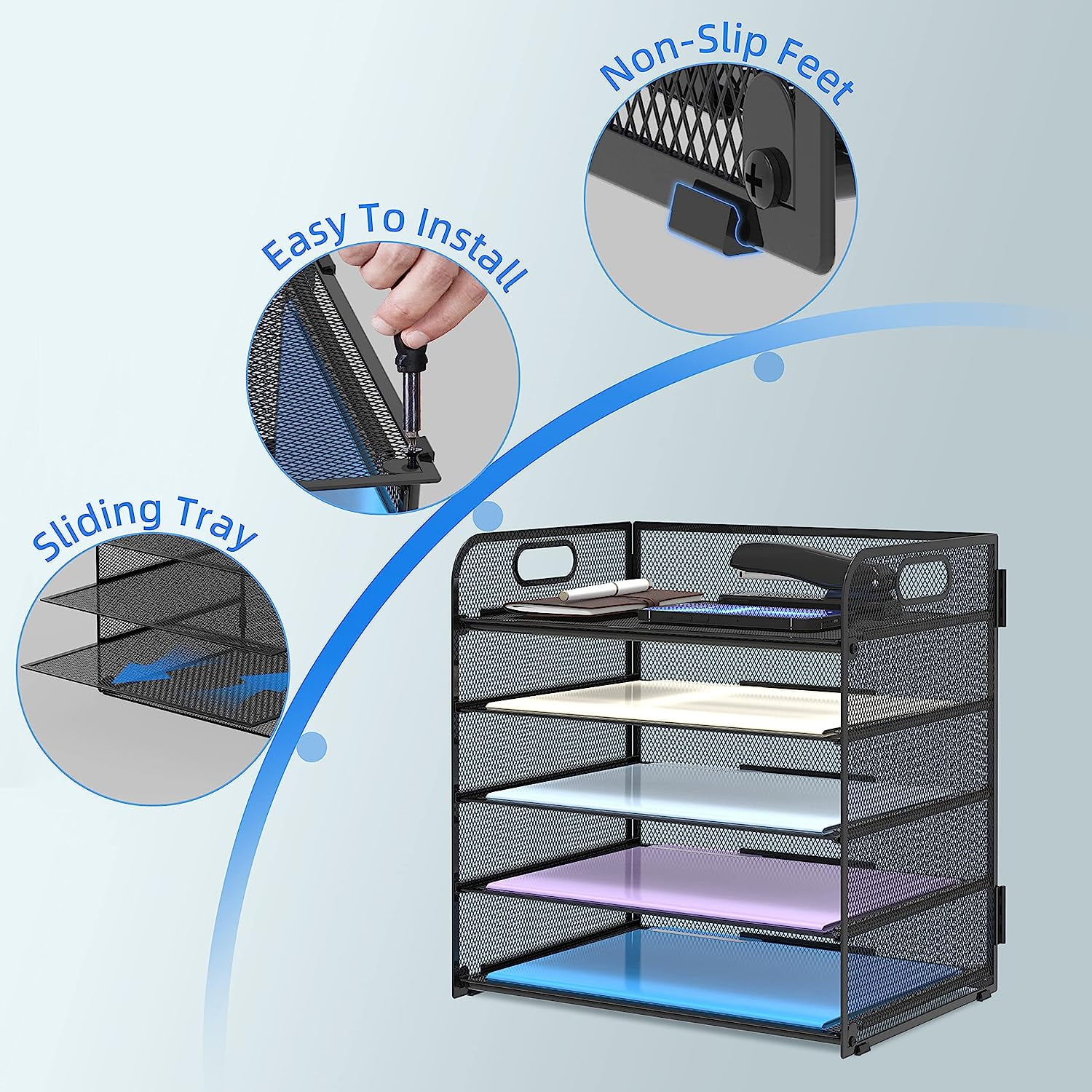 INTIGE 5 Trays Paper Organizer with Handle - Mesh Desk File/Letter Organizer,Black Paper Sorter for Office, Home