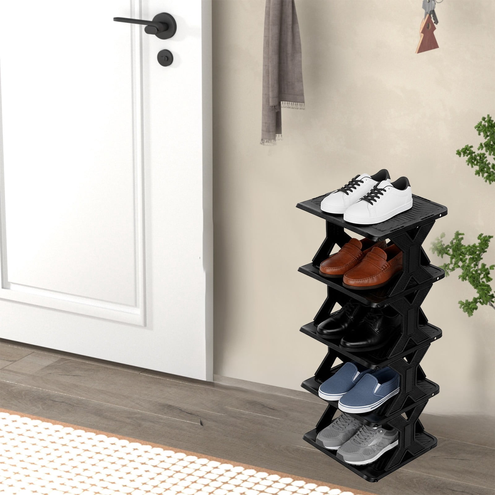 RKSTN Shoe Rack - Vertical Shoe Organizer for Small Spaces, Tall Narrow Shoe Storage Shelf for Closet Entryway Corner Garage and Bedroom, Free Stackable DIY - Space Saving Storage (5-Tier, Black)