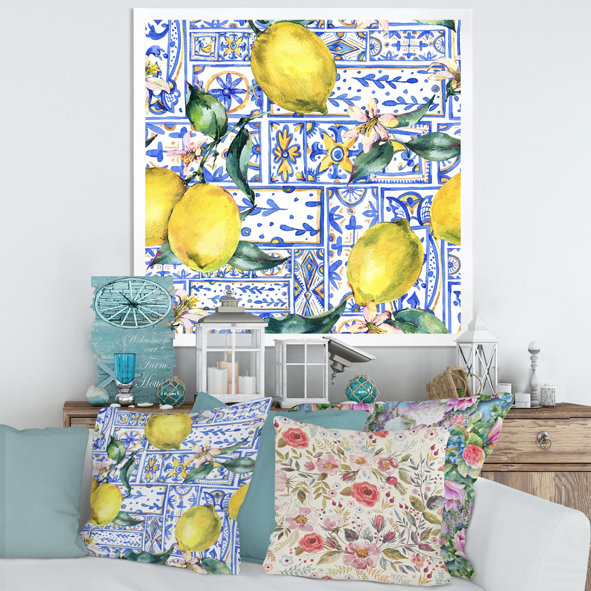 Designart 'Geometrical Pattern of Lemon Ornament On Blue I' Tropical Framed Art Print