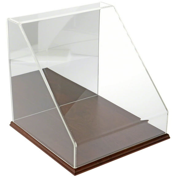 Plymor Clear Acrylic Slant Front Display Case with Hardwood Base (Mirror Back), 12" x12" x12"