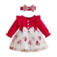 thumbnail image 2 of Cowsor Baby Girls Long Sleeve Round Neck Dress Set Cherry Print Delicate Trim Bow Decor 2 Piece Outfit with Headband for 6 Months to 3 Years Old Fall Winter Wear, 2 of 7