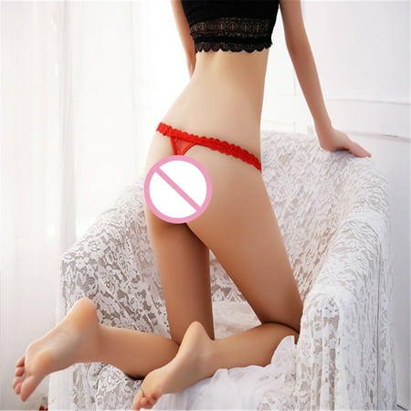 

Qcmgmg Hollow Out See Through Low Waist Panties for Women Breathable Stretch Underwear Women Lace Soft Thong Red