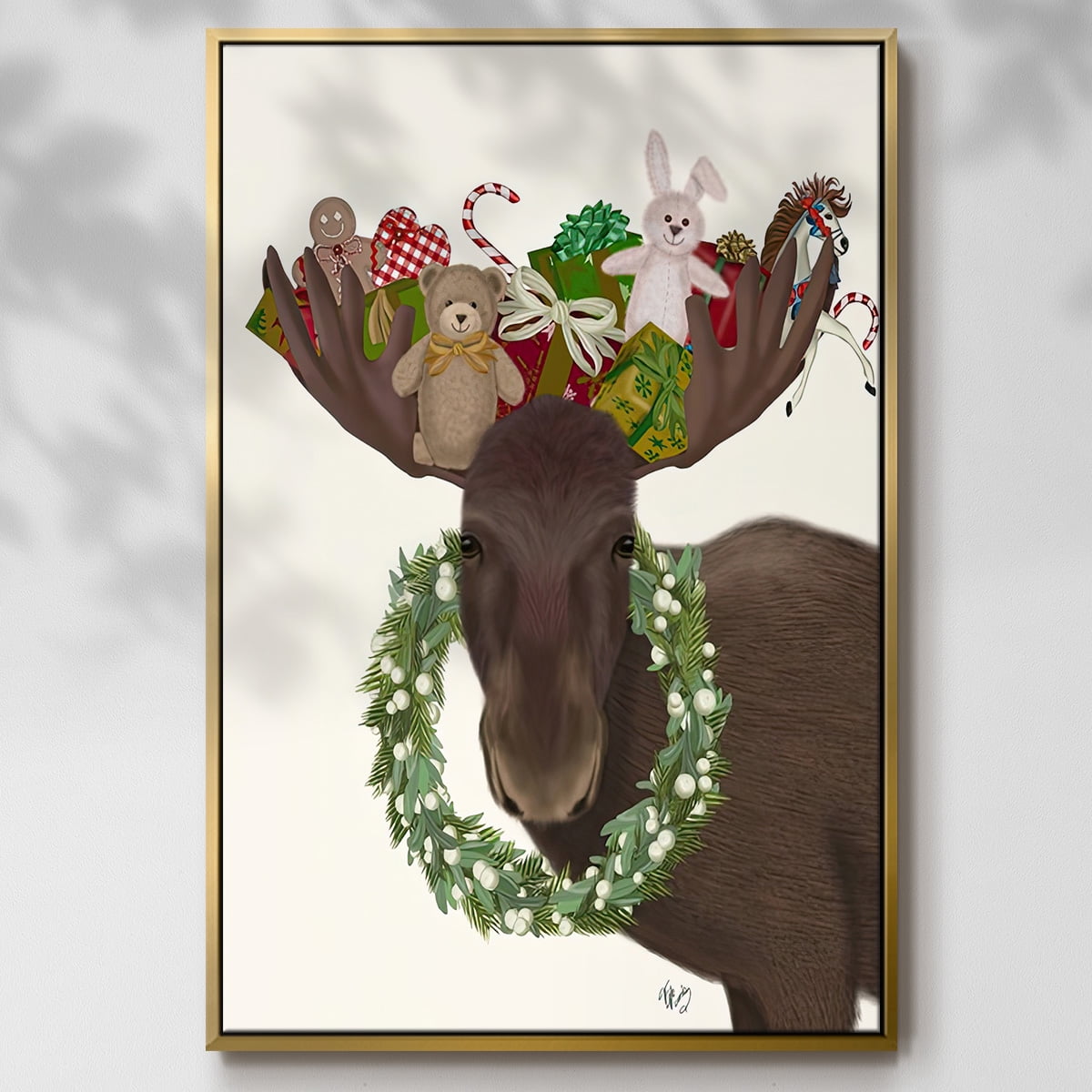 Christmas Moose and Christmas Gifts - Framed Gallery Wrapped Holiday Canvas - 27 x 41 - Gold Frame