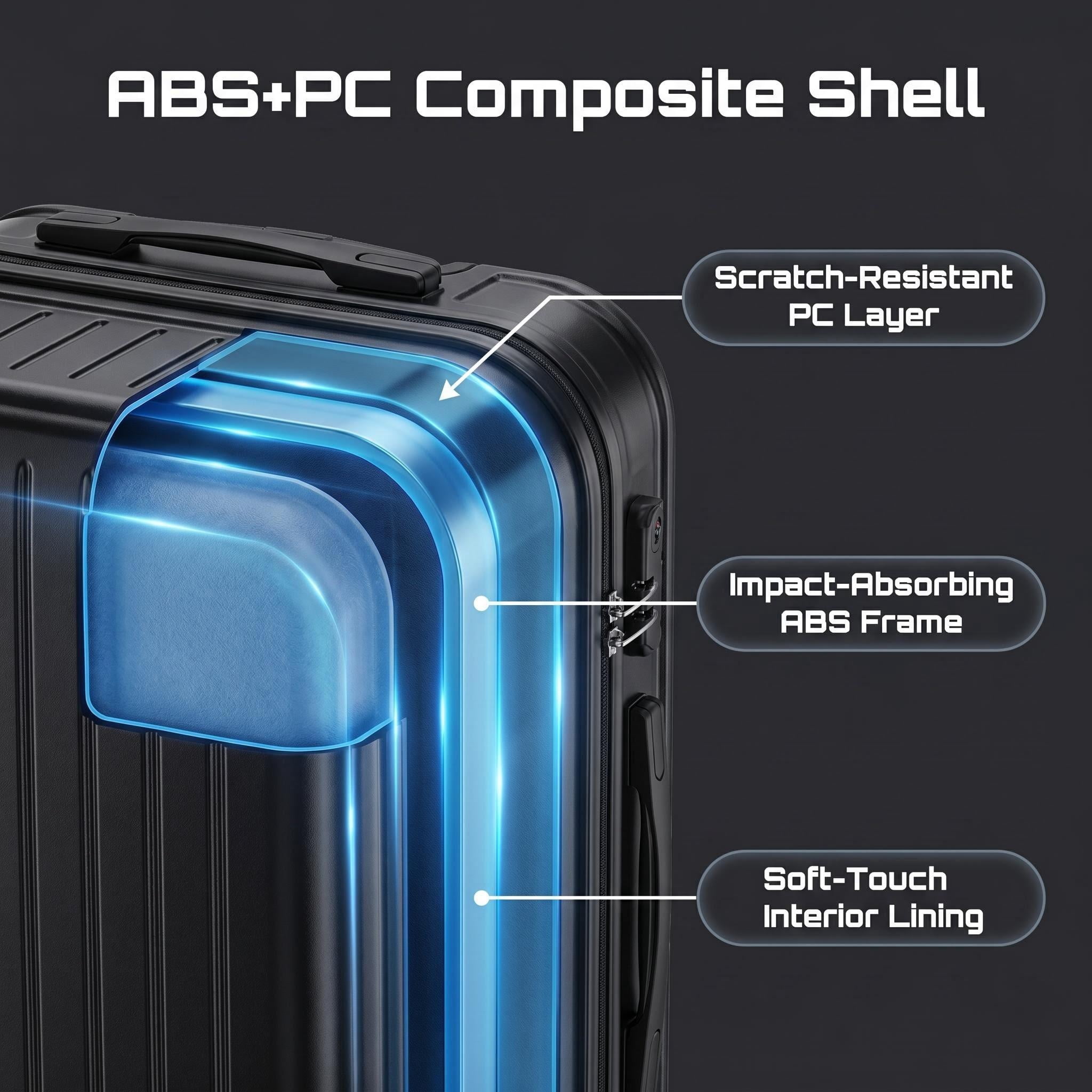 HEMXSZH 20 Inch ABS+PC Hardside Rolling Luggage with Password Lock, USB Port & Cup Holder Suitcase, Black