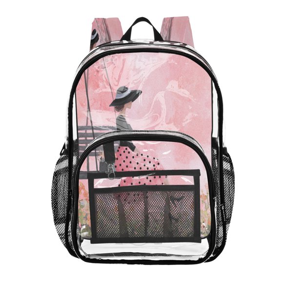 Clear PVC Backpack 12L Transparent Shoulder Bag with Mesh Pockets Elegant Lady