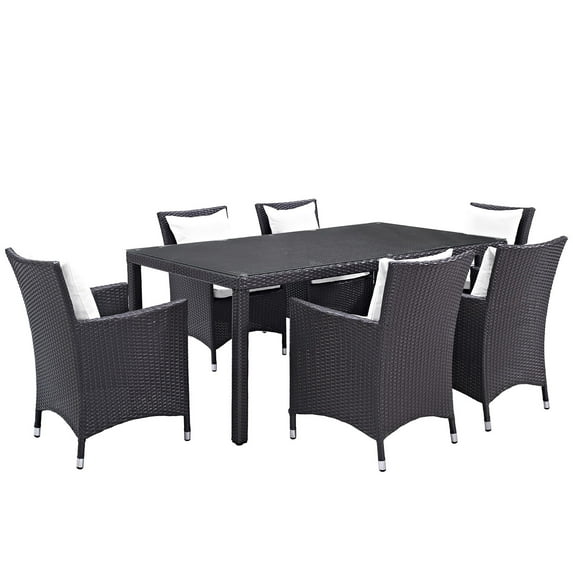 Modern Contemporary Urban Design Outdoor Patio Balcony Seven PCS Dining Chairs and Table Set, White, Rattan