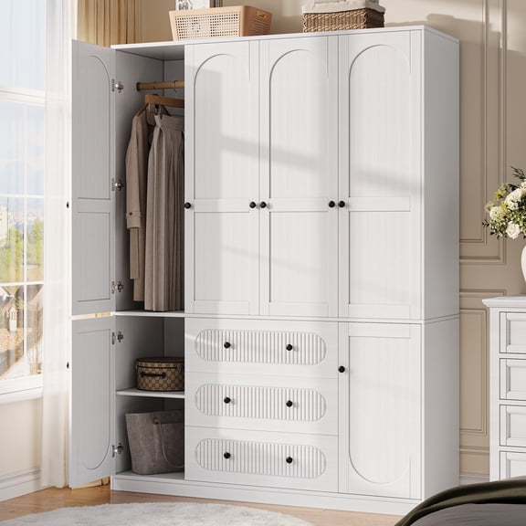 TOKSOM 72" White 4-Door Wardrobe - Large Armoire with 3 Hanging Rods & 3 Drawers, Engineered Wood Storage Cabinet for Bedroom, Gold Handles (19.6"D x 55.1"W)