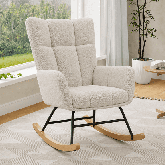 Someet Nursery Rocking Chair Linen with High Backrest, Indoor Glider with Padded Seat for Reading, Bedroom, Living Room, Beige