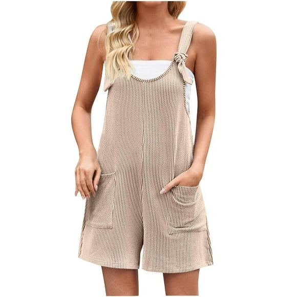 Weiqiqre Summer Casual Rompers For Women 2024 Loose Comfy Short Jumpsuits Sleeveless One Piece Beach Jumpers With Pockets