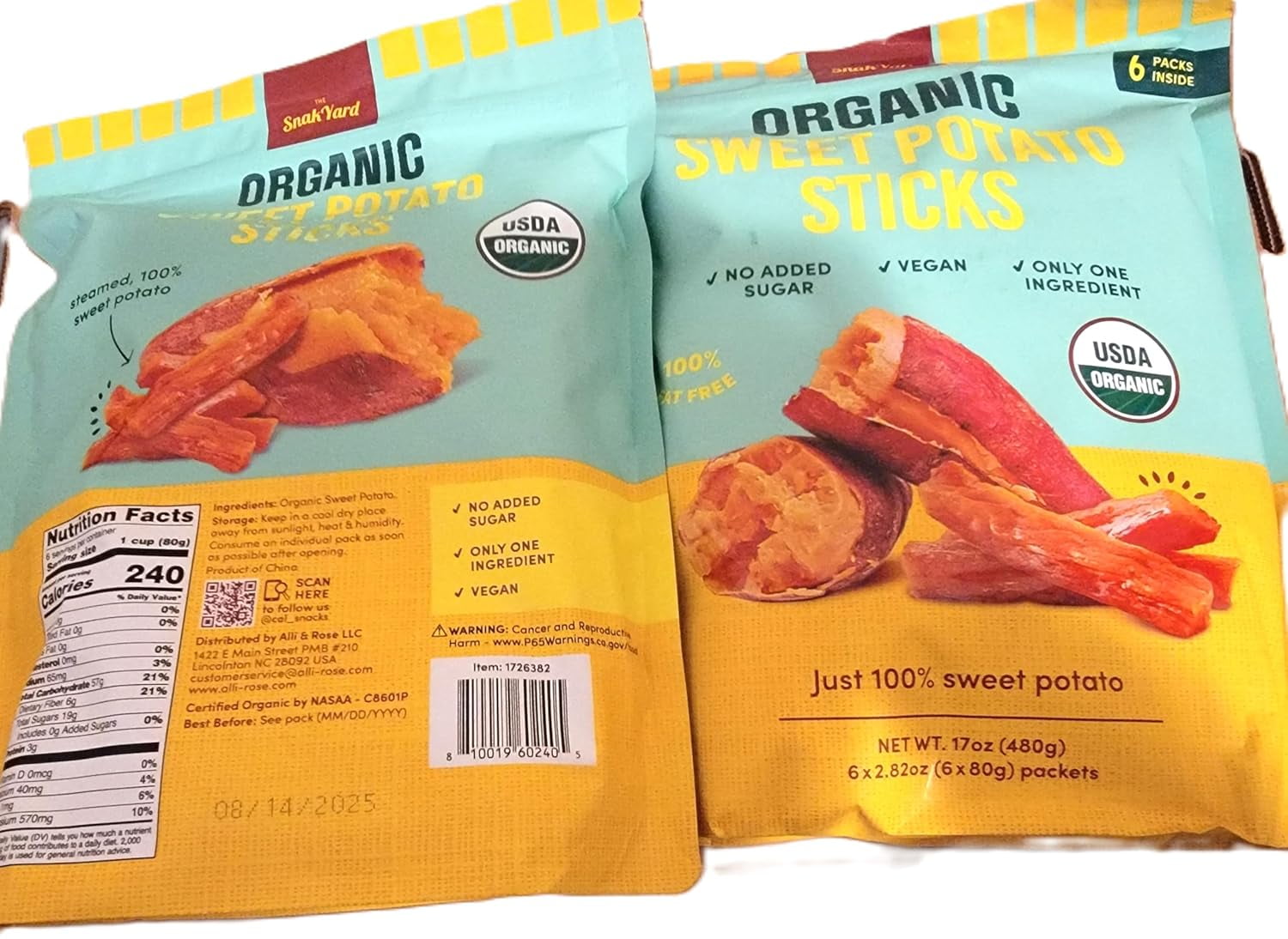 USDA Orgnic Sweet Potato Sticks SnackYard 6 Packs x 2.82oz each 17oz 480g (Two Bags) total 12 Packs